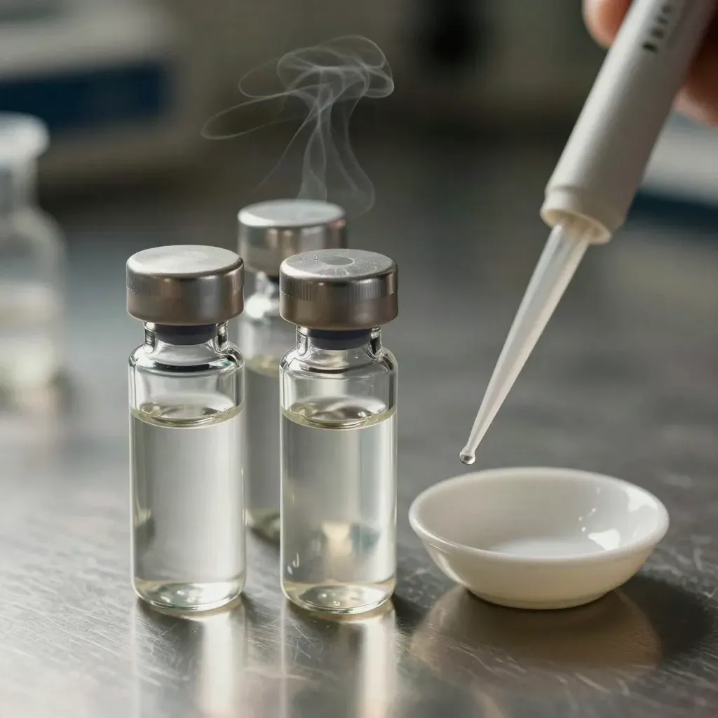 Lab sample vials, micropipette, and weigh boat staged on brushed steel in dramatic low light.