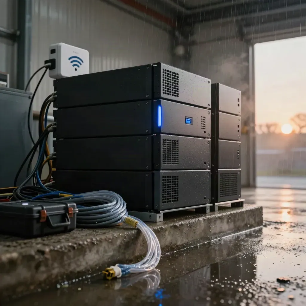Wet loading bay still life of firewall hardware, cables and a tool case in dawn mist.