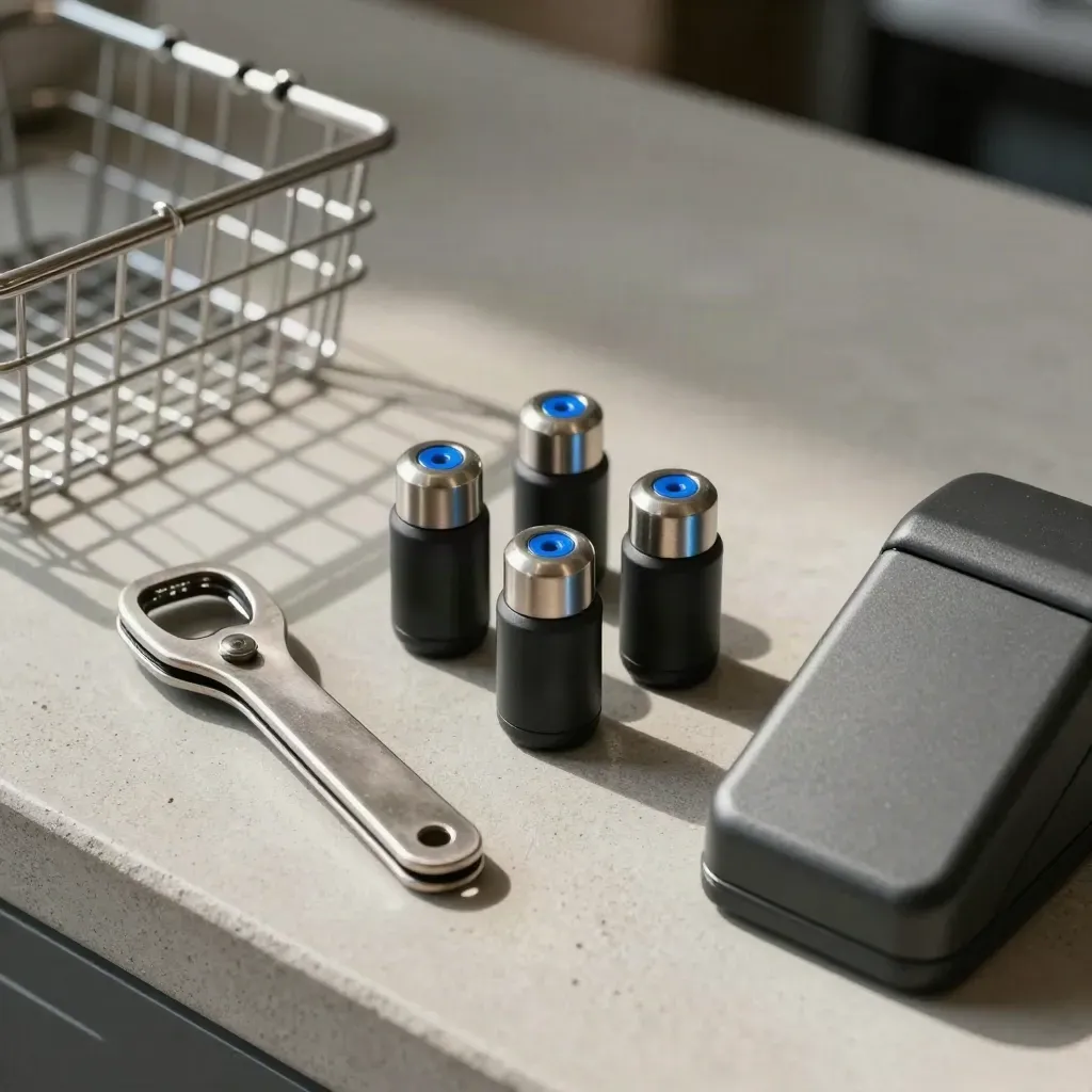 Retail security tools arranged on concrete with soft light and haze.