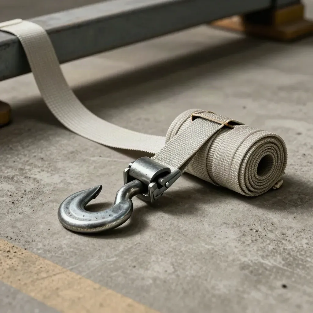 Galvanized freight strap hardware and webbing cinched tight on a concrete loading bay slab.