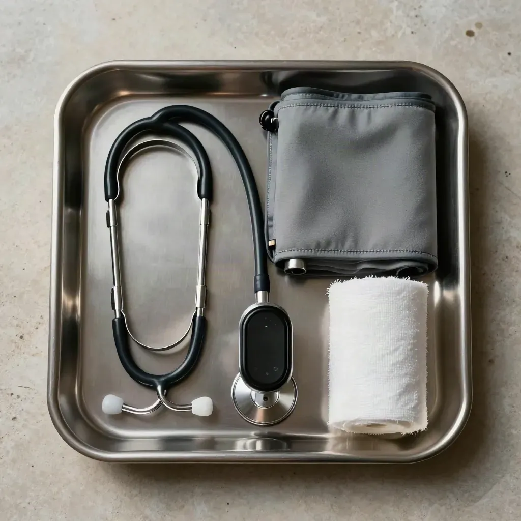 Top-down macro of medical tools on pale stone, arranged for morning clinic intake.