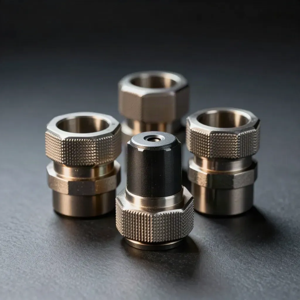 Industrial conduit couplings, cable glands, and a rugged sensor module on dark brushed metal.