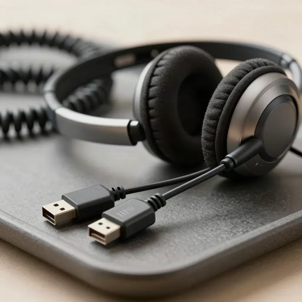 Help desk headset, RJ45 patch lead, and USB adapter on graphite surface.