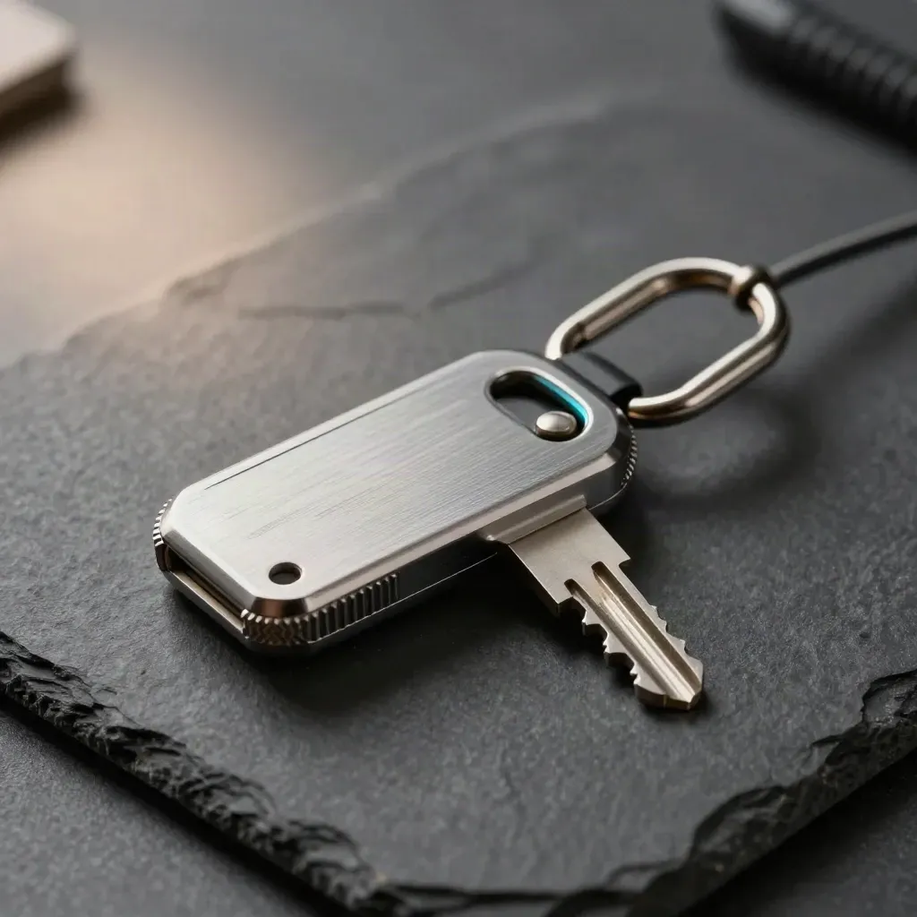 Security key, card reader shell, and cable lock on graphite stone with cyan highlights.