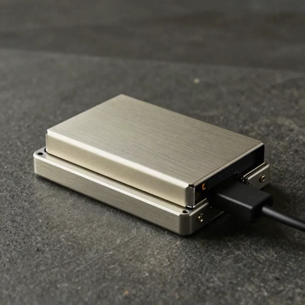 Top-down of SSDs in anti-static sleeves, drive caddy and adapter on dark stone.