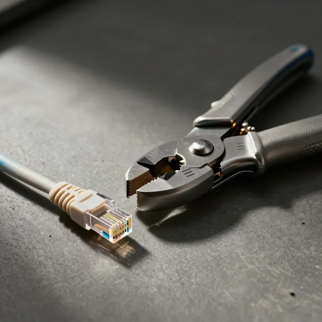 Macro of a crimp tool, ethernet plugs, and cat6 cable on a dark workbench.