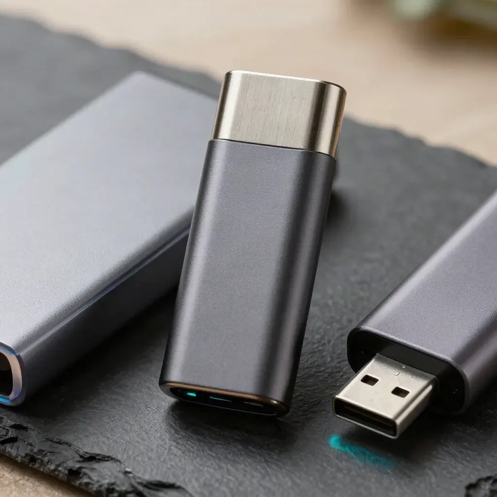 Macro still life of a USB installer stick, disc sleeve, and USB-C hub on slate