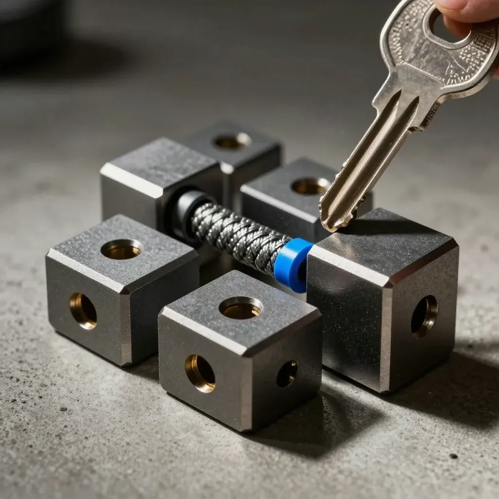 Macro still life of connector blocks, a braided patch bridge, and alignment pegs on concrete.