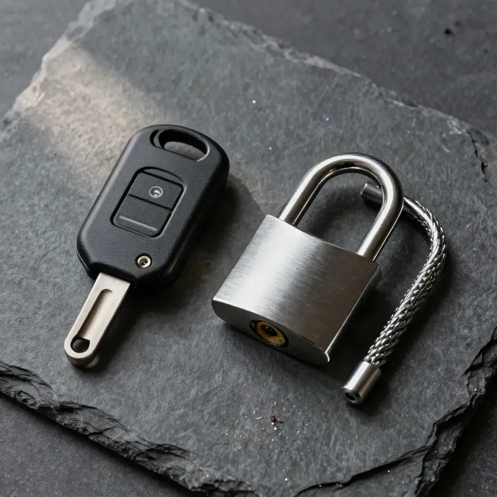 Top-down still life of a security key, lock, and cable loop on charcoal stone.