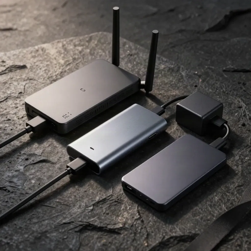 Travel router, USB-C dock, power brick, and SSD clustered on dark stone through a blurred strap.