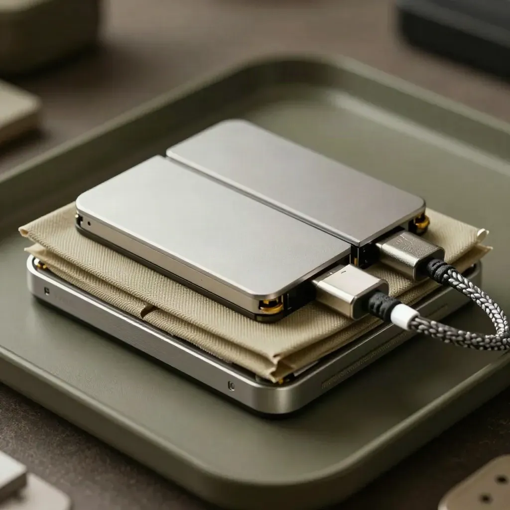 Macro of SSD backups, anti-static sleeves, a drive caddy and braided cable on a dark tray.