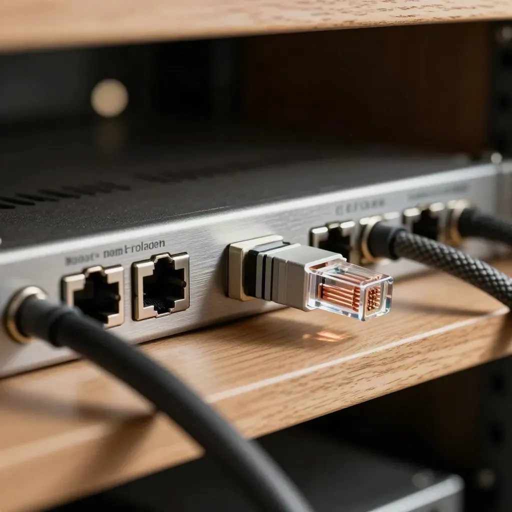 Network patch panel, fiber coupler and cables on a honey-oak shelf in a dark rack.