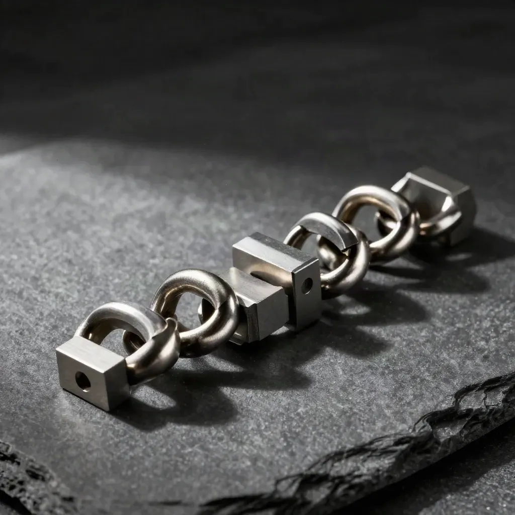 Steel rings, connector blocks, and a spacer arranged in a dramatic top-down still life.