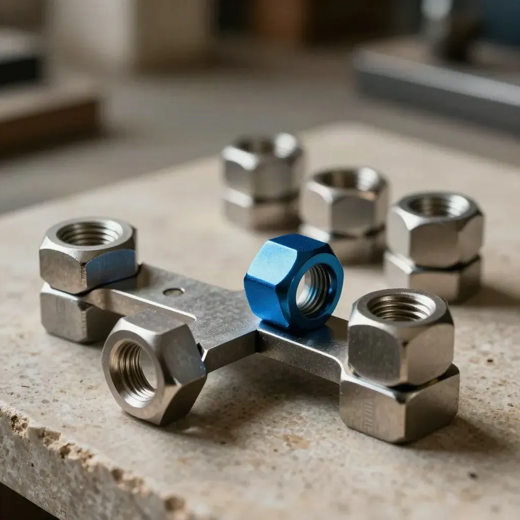 Macro still life of machined brackets and hex couplers locking into a folded metal bridge.