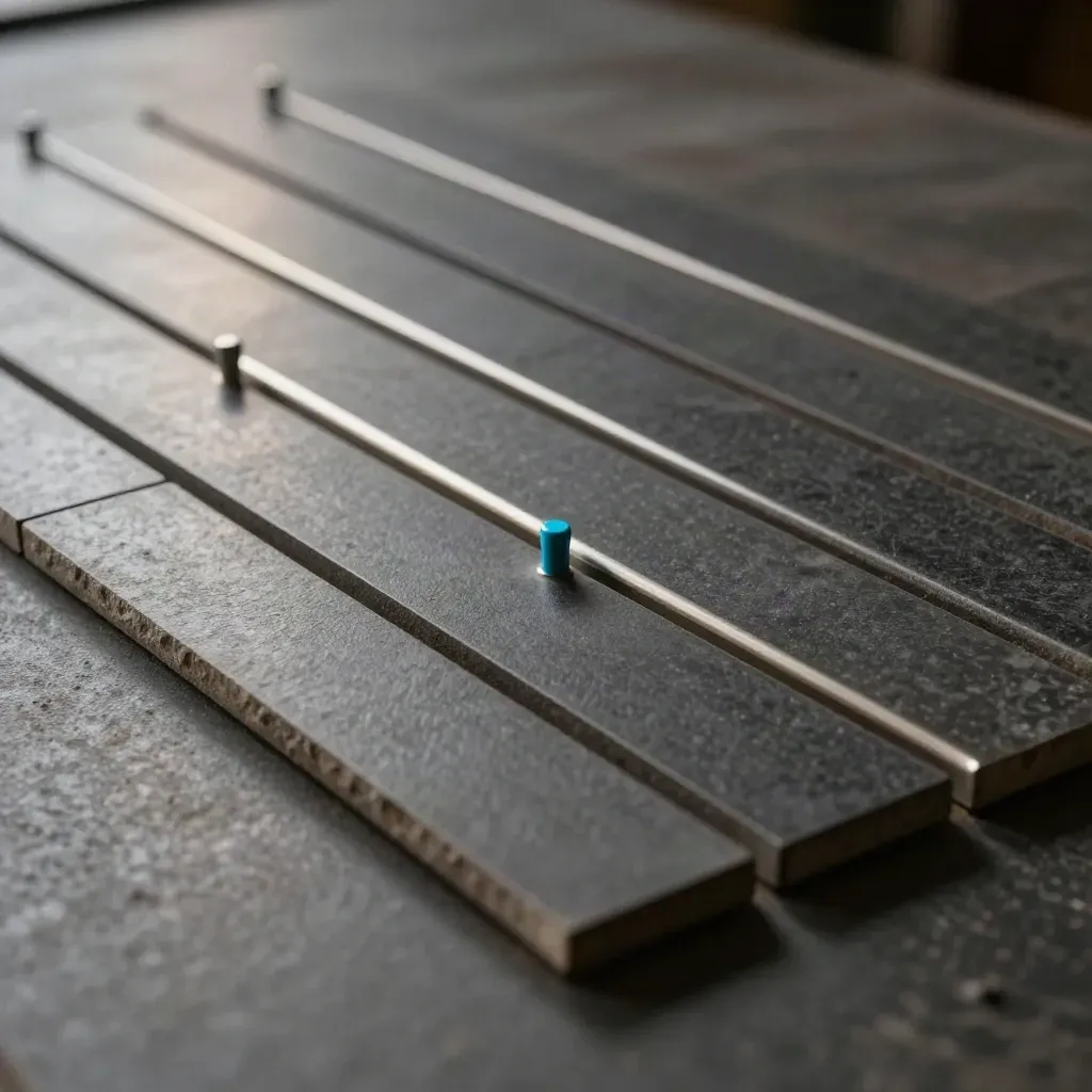 Close-up of modular graphite tiles and pegs in precise lanes with a subtle cyan accent.