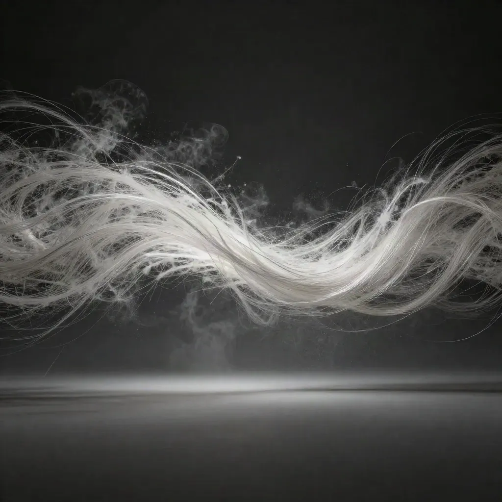 Silver light filaments bloom in graphite haze with empty copy space below.